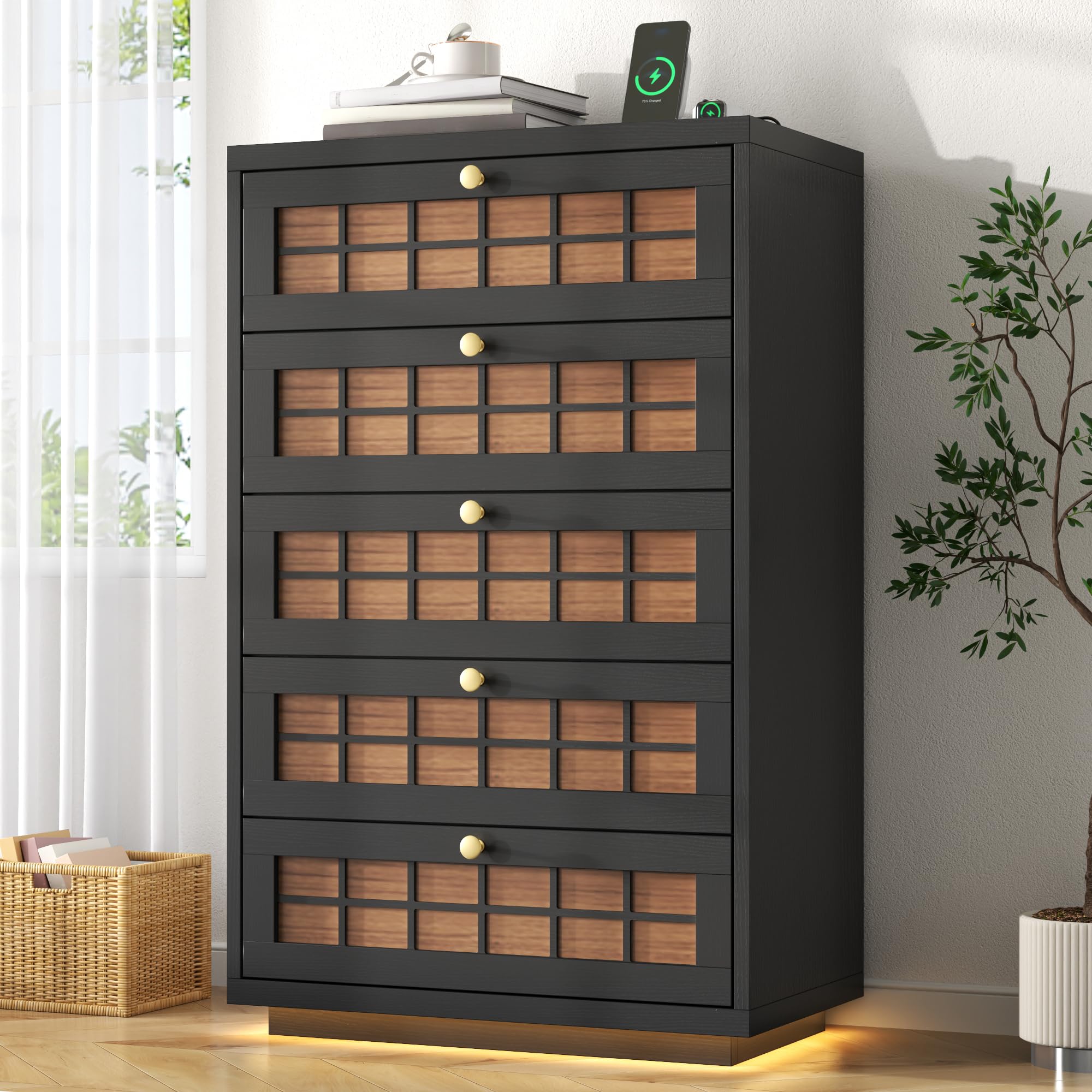 Floating 8 Drawer Dresser for Bedroom, LED Chest of Drawers with Charging Station, Brown Plaid Fronts & Gold Metal Knobs, Modern Dresser TV Stand Storage Organizer for Living Room Hallway Closet