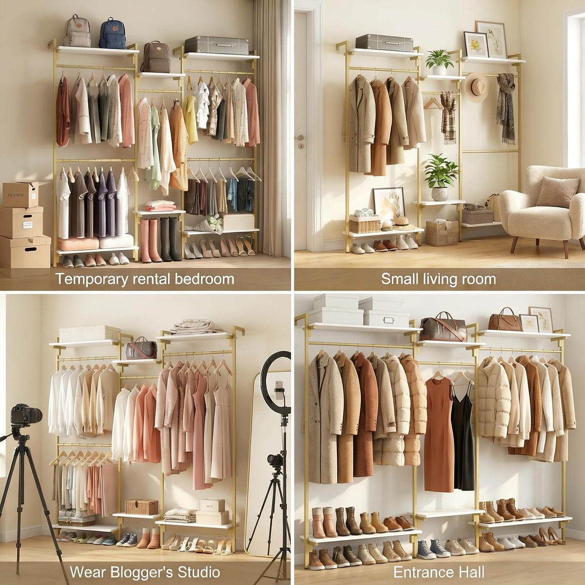 Loomie 79" Wall-Mounted Clothes Rack with Adjustable Shelf, Gold Clothing Rack with 5 Metal Hanging Rods and 6-Tier Shelves, Heavy-Duty Garment Rack Closet Organizer System in Wardrobe Closet