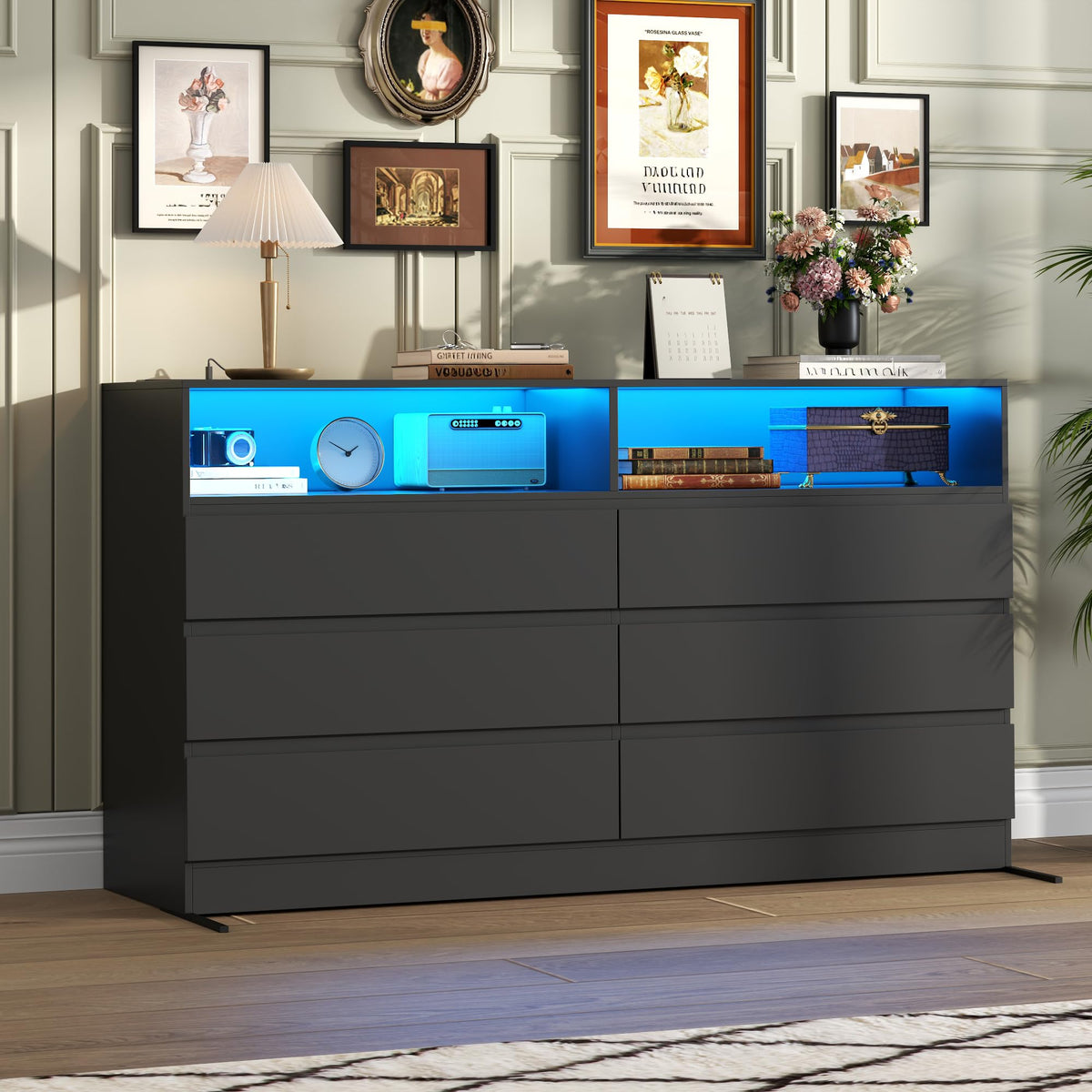 63"Wide 9 Drawer Dresser for Bedroom with LED Lights & Power Outlet