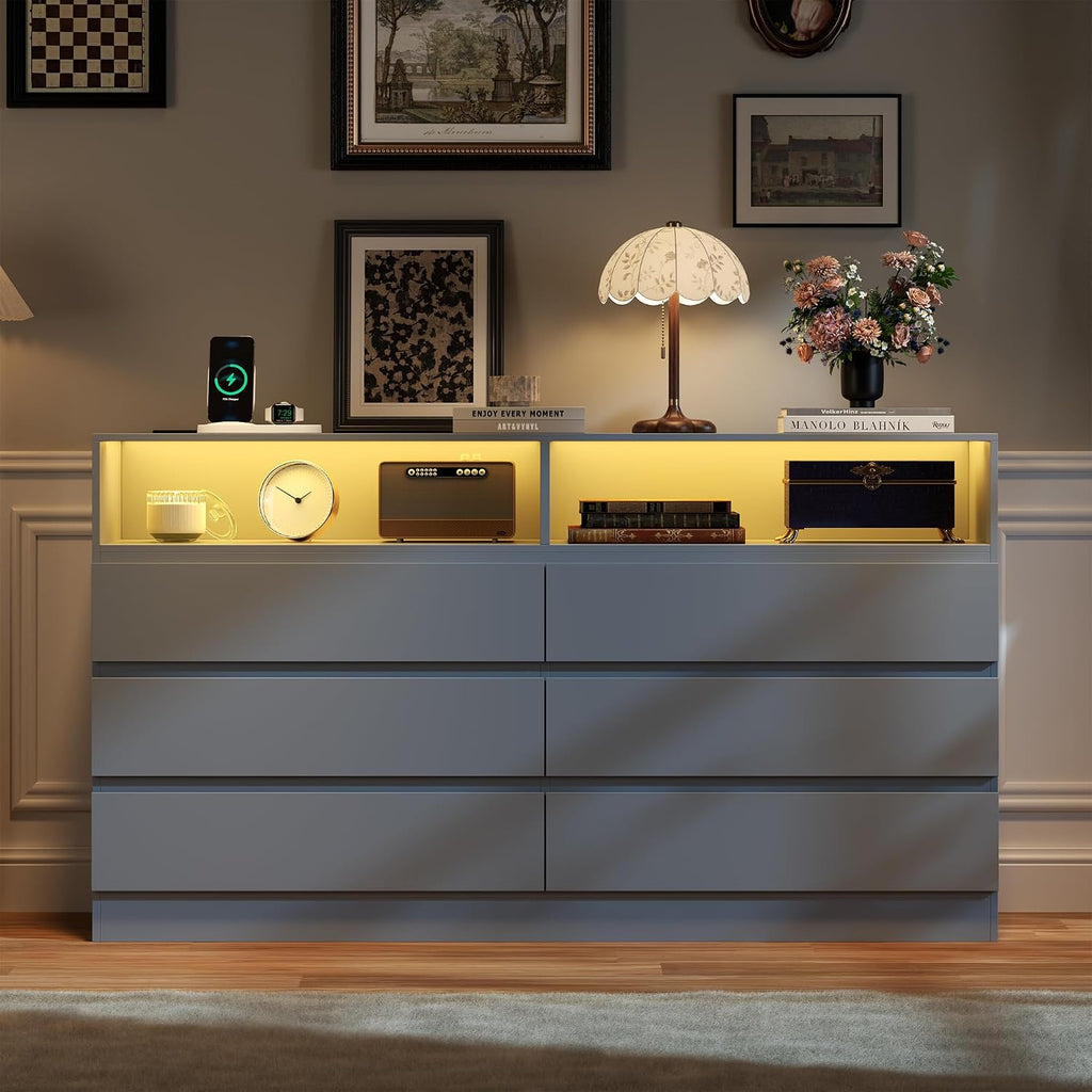 Loomie 6 Grey Drawer Dresser for Bedroom w/Charging Station & LED Lights