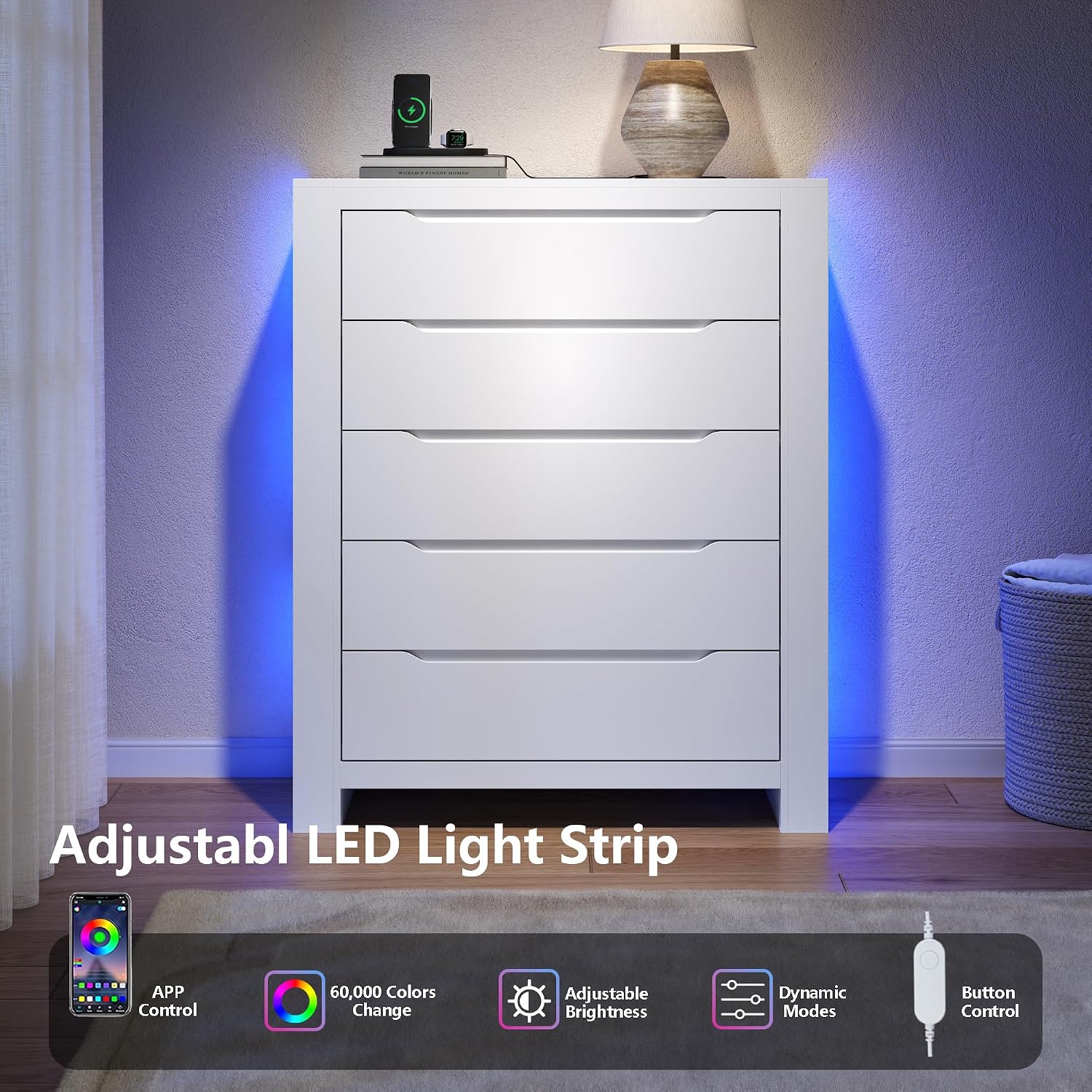 White 5 Drawers Dresser for Bedroom,Tall Modern Dressers & Chest of Drawers w/ Charging Station & LED Lights,Wood Vertical Dresser w/2 Side Storage Racks,Closet Organizer Cabinet for Living Room