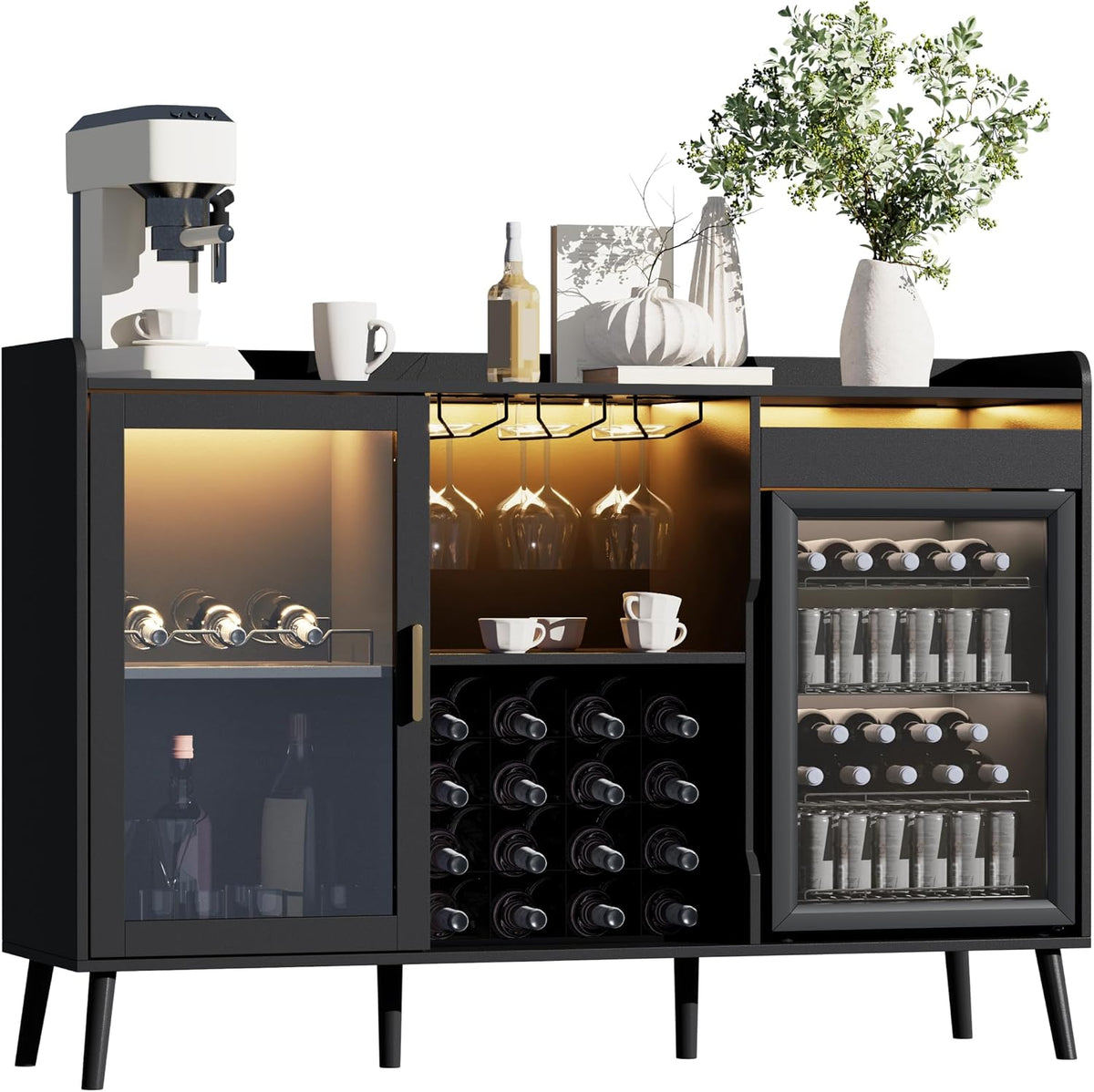 Coffee Bar Cabinet with Open Compartment, Kitchen Coffee Station with Power Outlets & LED Light, Modern Coffee Bar Table with Storage Cabinet, Coffee Bar Furniture for Kitchen, Living Room, Black