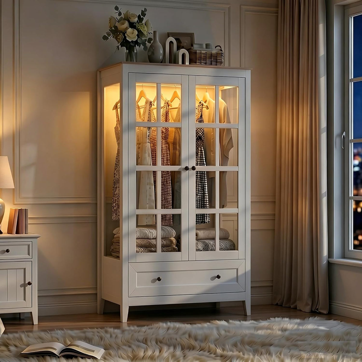 LED Armoire Wardrobe Closet with Glass Doors & Drawer, 55" Bedroom Armoire