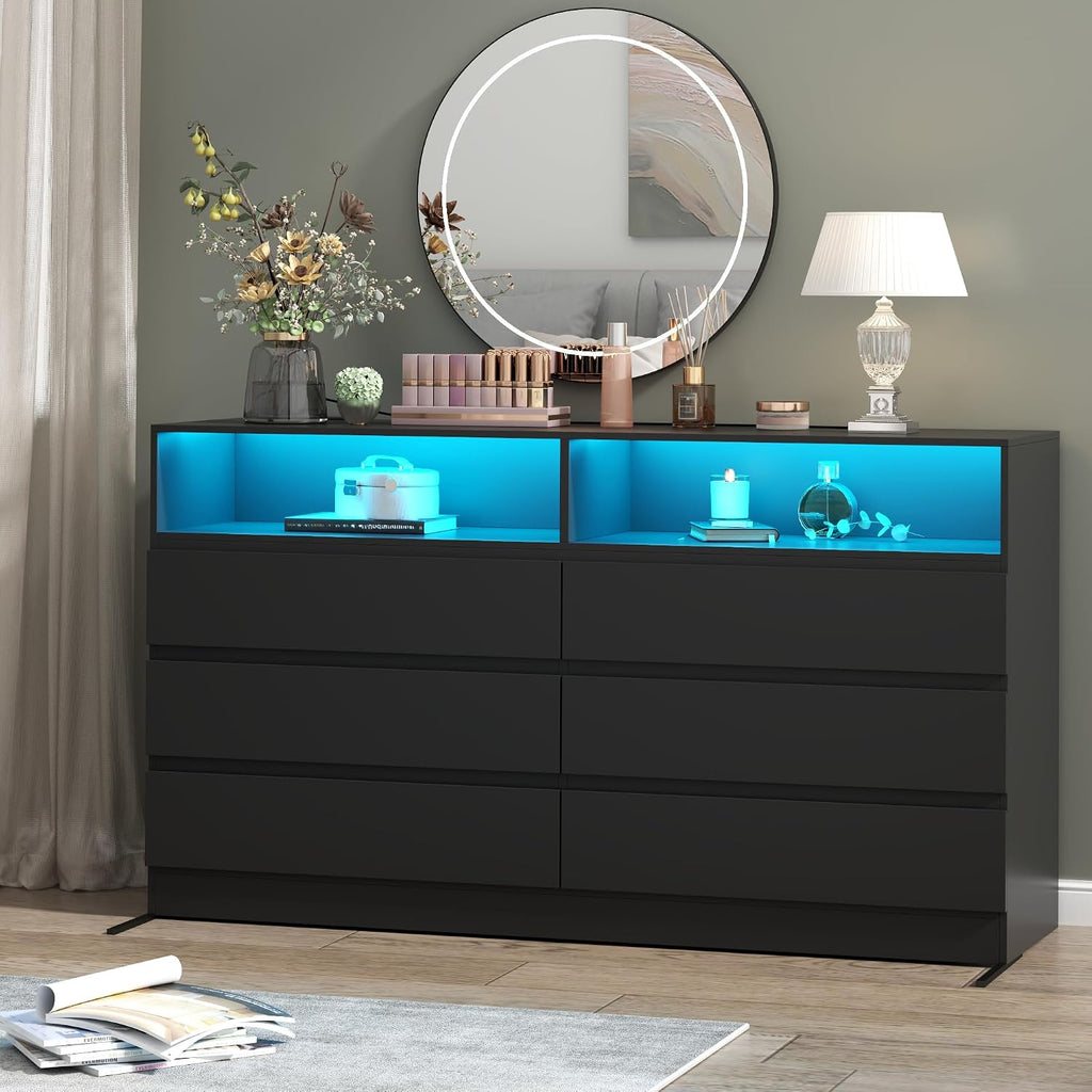 Loomie 6 Drawer Dresser for Bedroom, Wide Chest of Drawers with Charging Station and LED Lights, Traditional Bedroom Furniture, Modern Storage Dresser TV Stand for Living Room (Black)