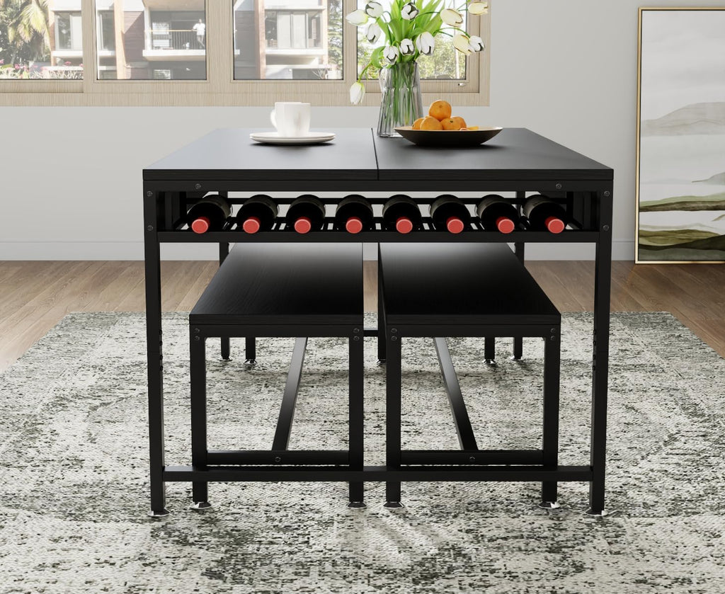 Loomie 63" Dining Table Set for 4-6, 3-Piece Kitchen Table with 2 Utensil Drawers, 2 Benches & Wine Rack, Modern Space Saving & Heavy Duty Dinner Table Set with Metal Frame & MDF Board,Black
