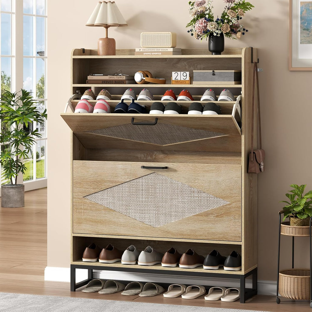 Loomie Rattan Shoe Cabinet, Shoe Storage Cabinet with 2 Flip Drawers, Hidden Shoe Storage with Top & Bottom Cubbies, 47.8" Tall Shoe Organizer Cabinet for Entryway, Hallway, Living Room (Natural)