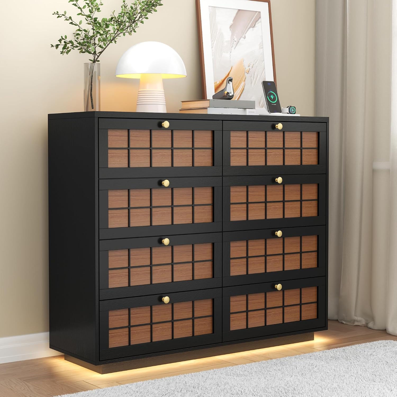Floating 8 Drawer Dresser for Bedroom, LED Chest of Drawers with Charging Station, Brown Plaid Fronts & Gold Metal Knobs, Modern Dresser TV Stand Storage Organizer for Living Room Hallway Closet