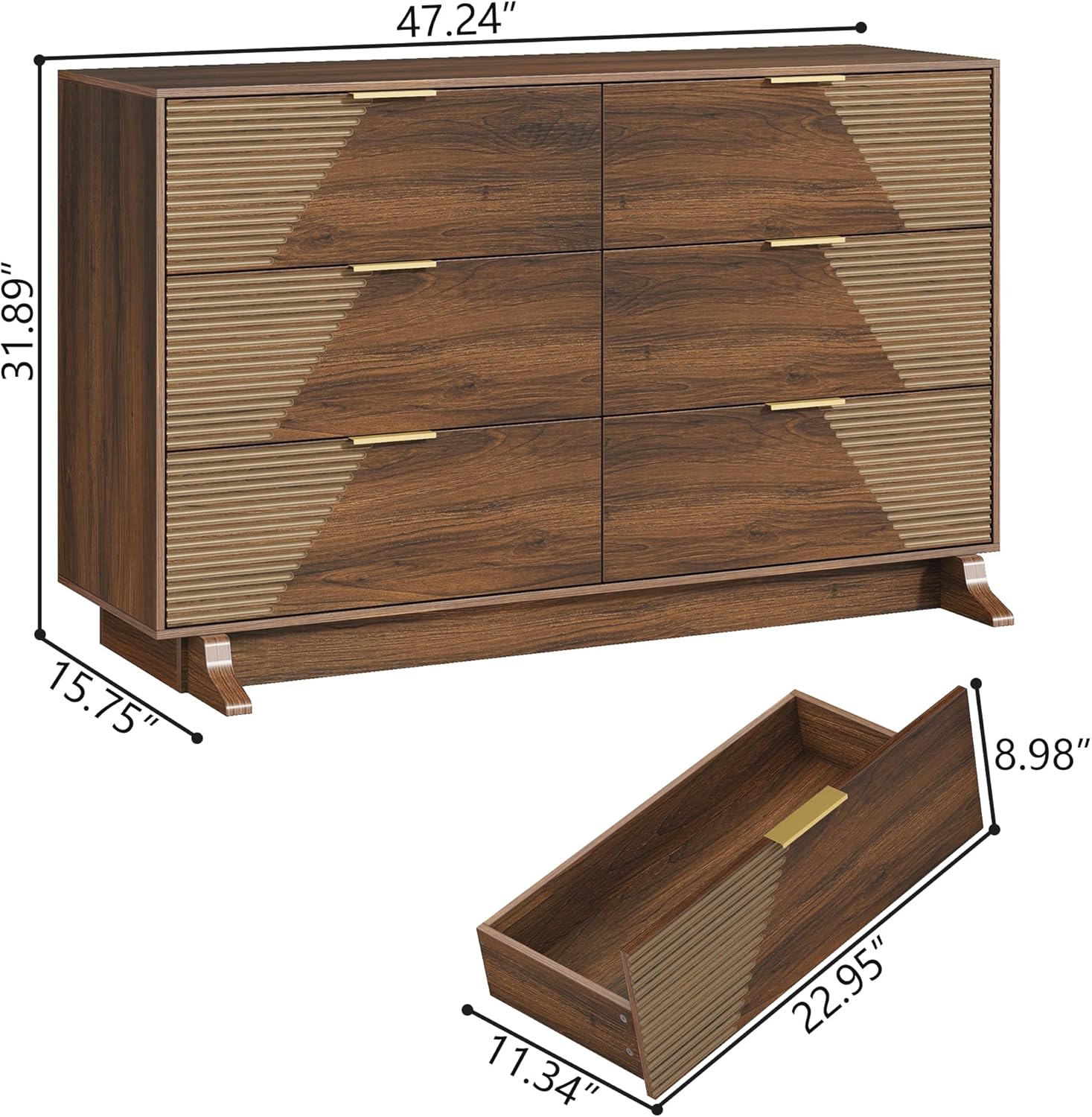 Gyfimoie Dresser for Bedroom, Mid-Century Modern Walnut Chest of 6 Drawers with Asymmetrical Fluted Front, Sturdy Wood Storage Organizer with Anti-Sag Drawer Support & Metal Handles, 47" Wide (Walnut)