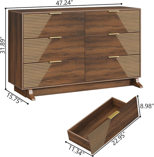Gyfimoie Dresser for Bedroom, Mid-Century Modern Walnut Chest of 6 Drawers with Asymmetrical Fluted Front, Sturdy Wood Storage Organizer with Anti-Sag Drawer Support & Metal Handles, 47" Wide (Walnut)