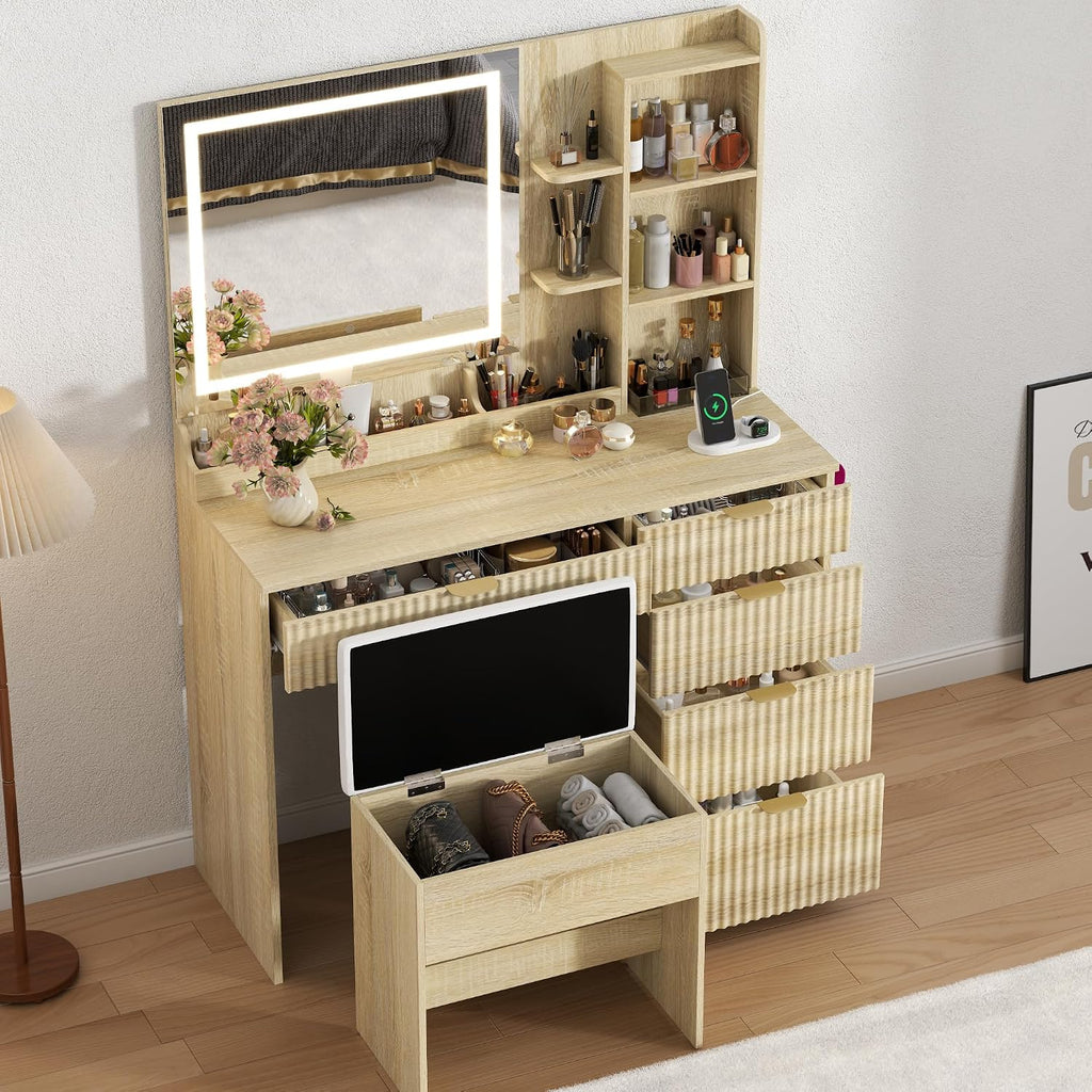 Fluted Vanity Desk with Hidden Storage Stool and Large Mirror,Makeup Vanity Table with 5 Drawers & Charging Station,3 Lighting Modes & Adjustable shelf,Dressing Table for Women Girls Bedroom, Oak