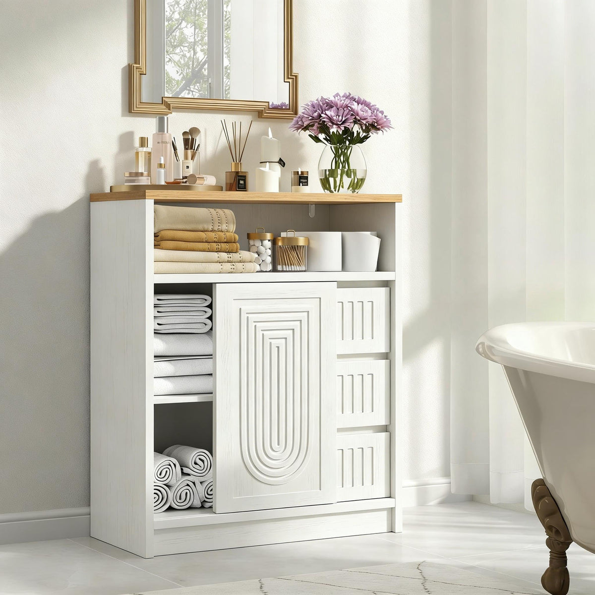 Freestanding Bathroom Storage Cabinet with 3 Drawers & Sliding Door, Black