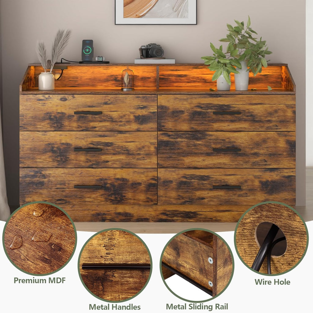 Dresser for Bedroom, 6 Drawer Dresser with Charging Station, Chests of Drawers with LED Lights, Modern Double Dresser, Storage Cabinet with Drawers for Living Room, Hallway (Brown)