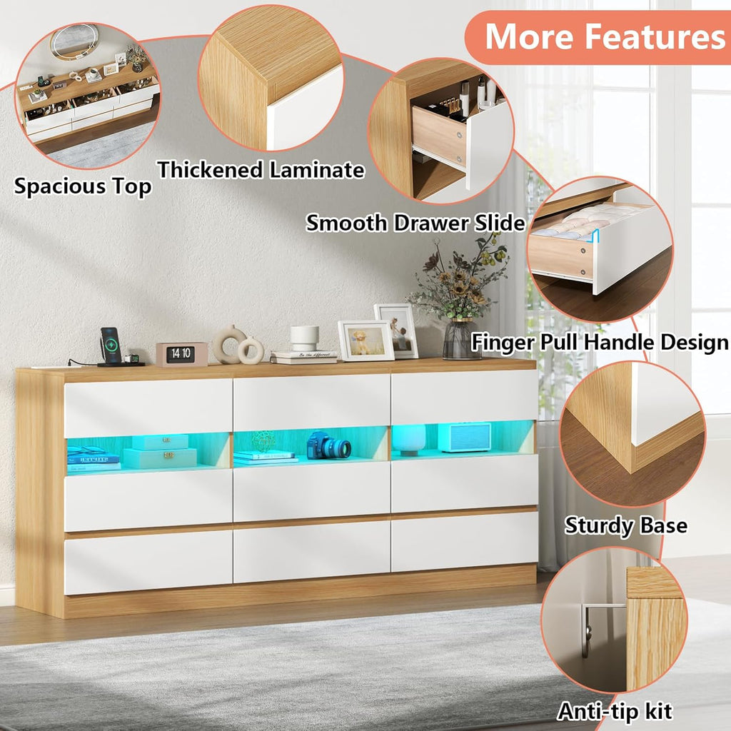 Loomie 9 Drawer Triple Dresser with Charging Station & Led Lights for Bedroom,Long 63" Dresser TV Stand for TVs up to 75",Wide Large Drawer Dressers Organizer with 3 Cubbies for Hallway, Light Wood