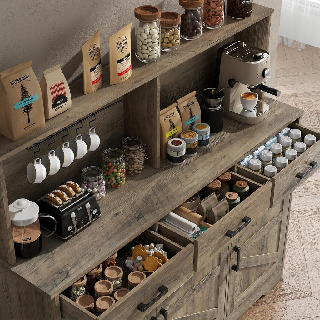 Grey Buffet Sideboard Storage Cabinet - 47" Large Double-Layer Kitchen Pantry Cabinet with 3 Drawers & 3 Doors, Modern Liquor Coffee Bar Buffet Table with Hutch for Dining Living Room