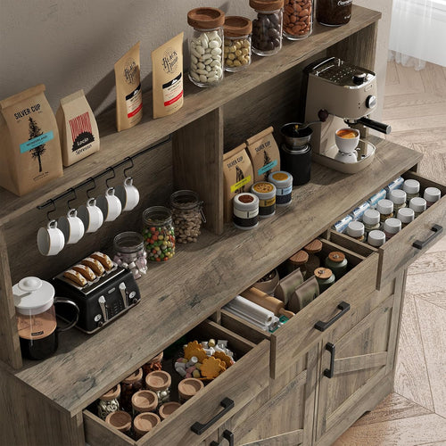Grey Buffet Sideboard Storage Cabinet - 47" Large Double-Layer Kitchen Pantry Cabinet with 3 Drawers & 3 Doors, Modern Liquor Coffee Bar Buffet Table with Hutch for Dining Living Room