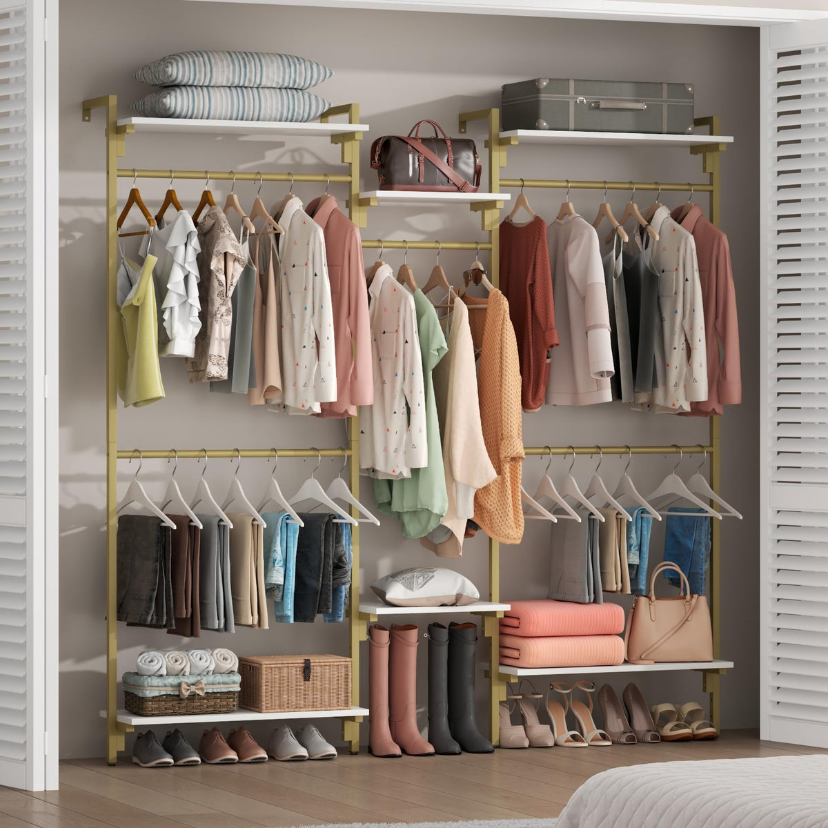 White/Gold Wall Mount Clothes Rack with 5 Hanging Rods, 6 Storage Shelves