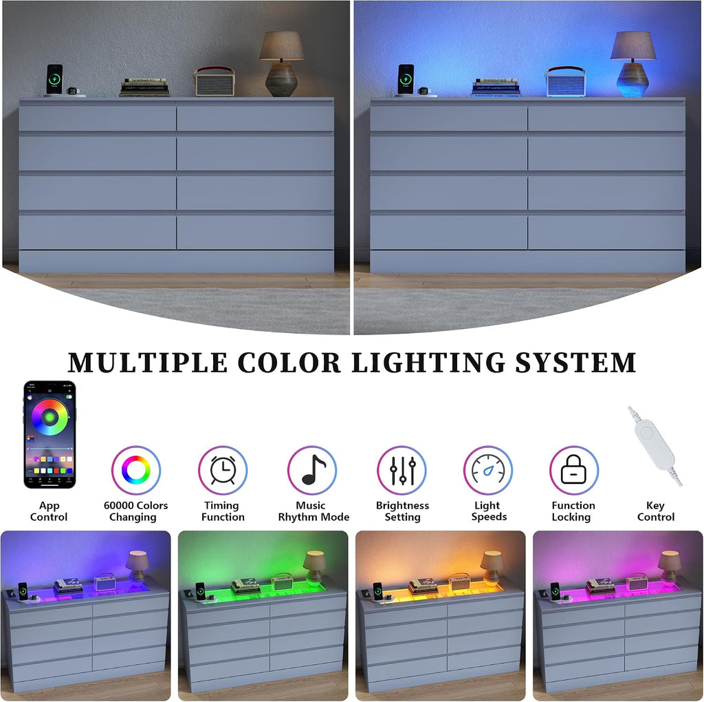 Gyfimioe 8 Drawer Dresser with Power Outlet, White Dresser for Bedroom Chest of Drawer with Glass Top & LED Light, Modern Double Wide Drawer Organizer Cabinet for Living Room (Grey)