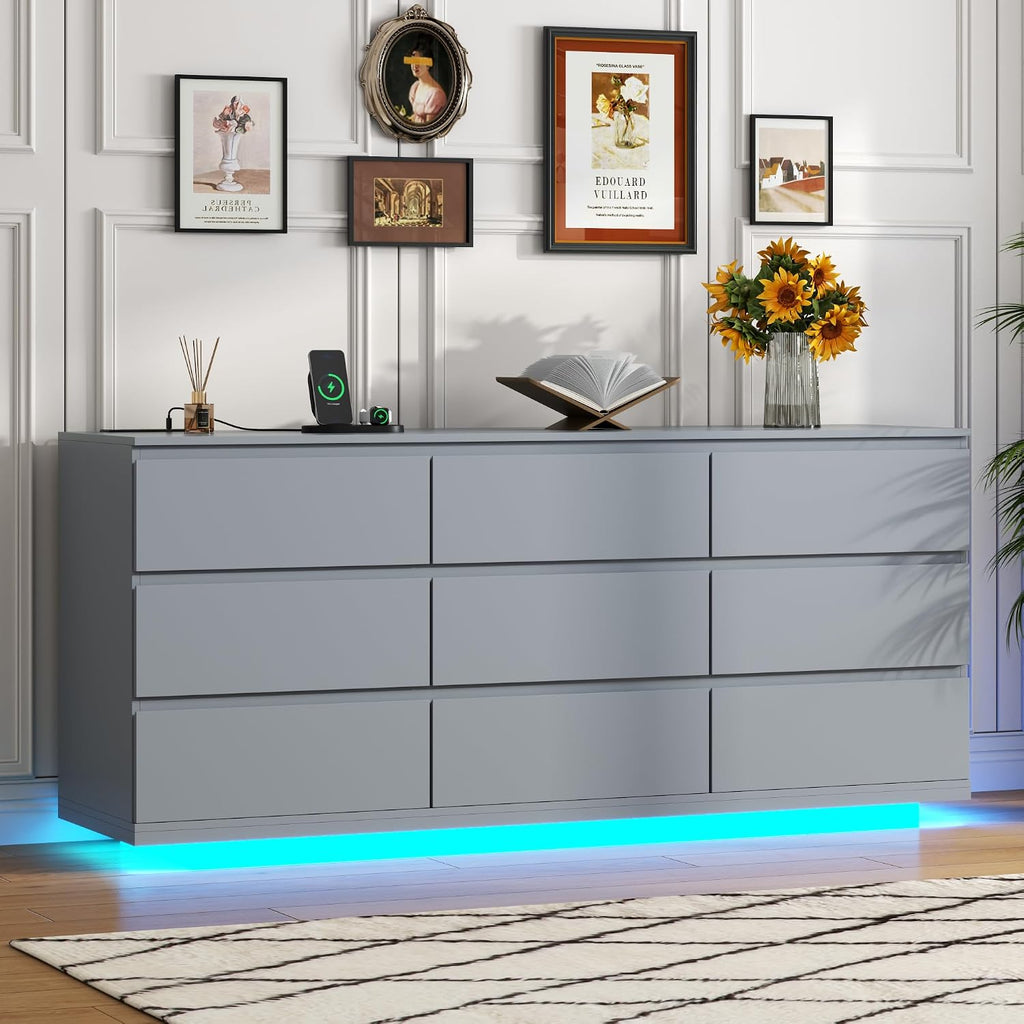 Gyfimoie 9 Drawer Dresser with Power Outlet, Floating White Dresser Chest of Drawer with LED Light,Modern Double Wide Drawer Organizer Cabinet for Bedroom,Living Room