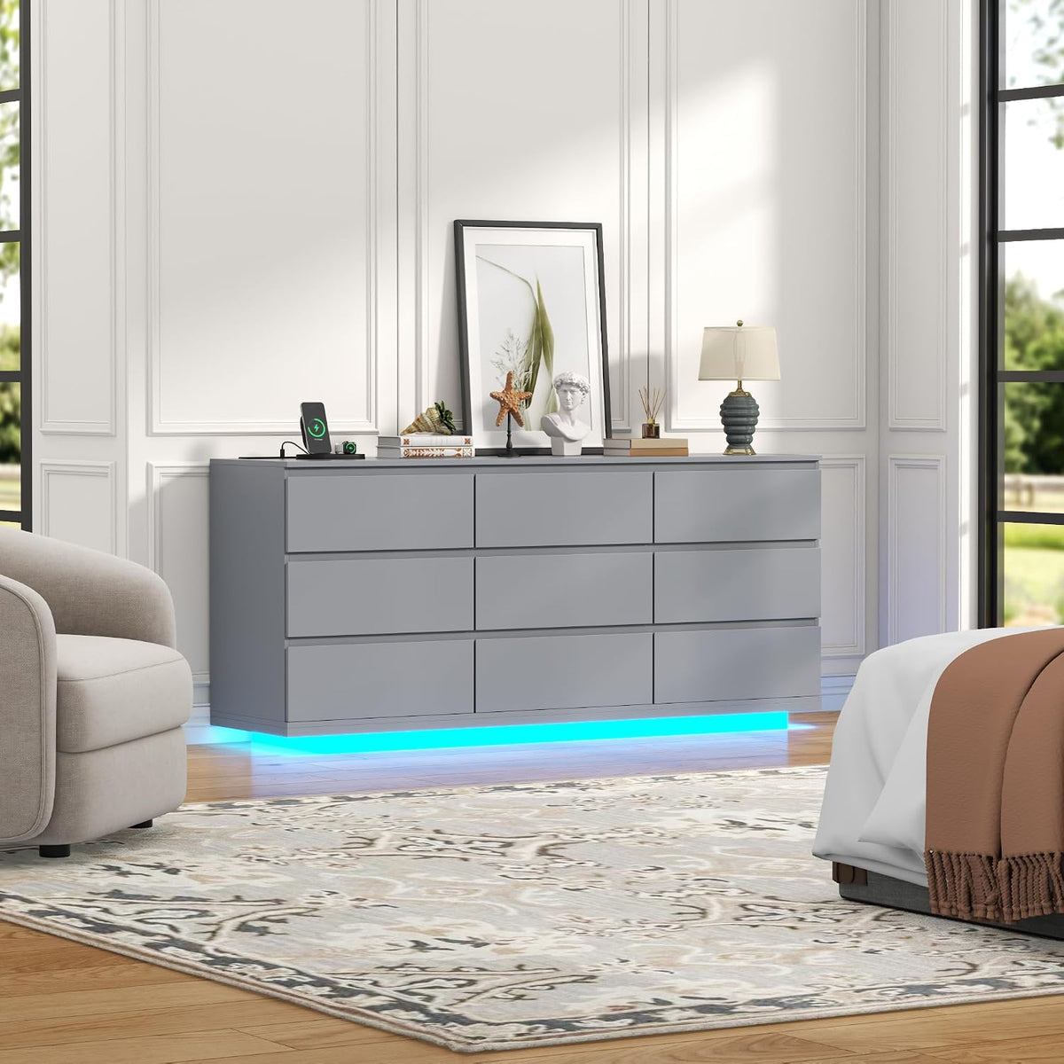 Gyfimoie 9 Drawer Dresser with Power Outlet, Floating White Dresser Chest of Drawer with LED Light,Modern Double Wide Drawer Organizer Cabinet for Bedroom,Living Room