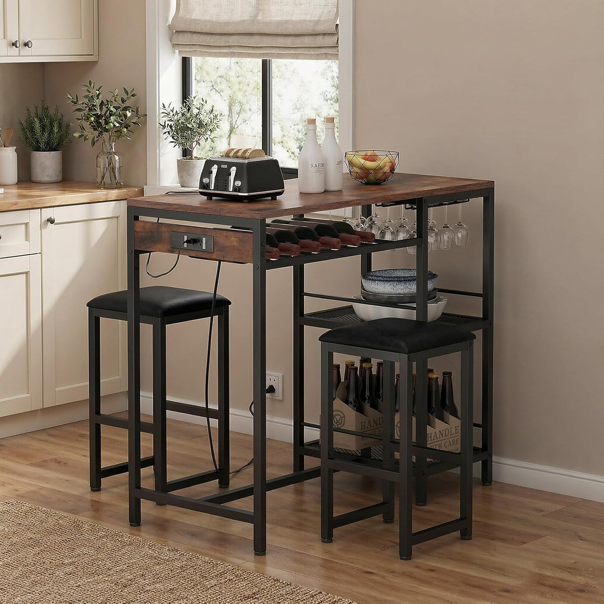 36"W Bar Table and Chairs Set of 2 with Power Outlet & 2 Shelves (Walnut)