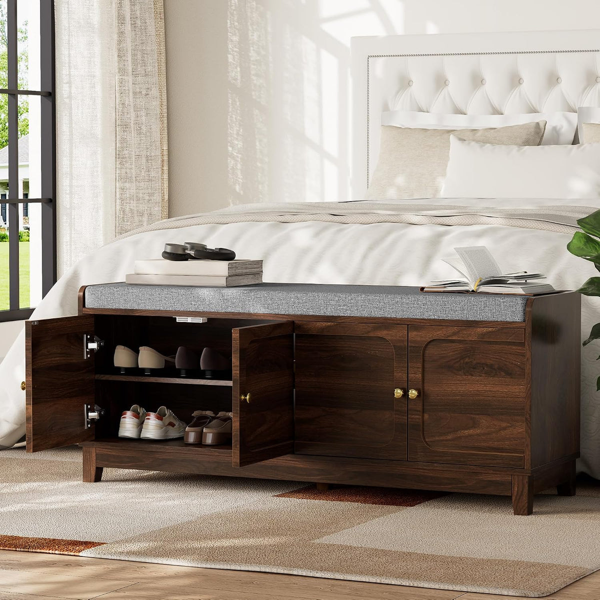 2-Tier Shoe Storage Bench, Entryway Bench w/Thickened Padded Seat Cushion