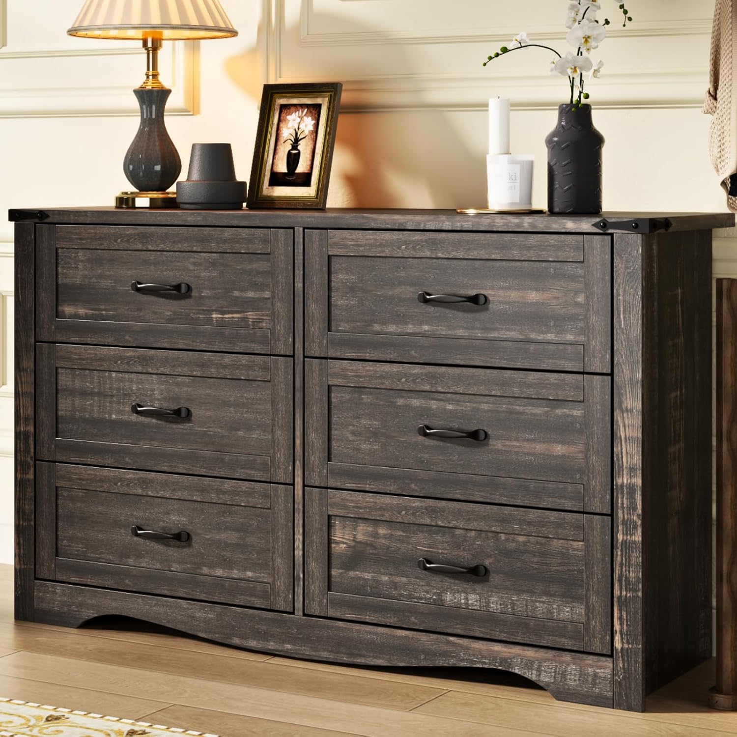 Loomie Farmhouse 6 Drawers Double Dresser for Bedroom, Modern White Dresser Chest of Drawers, Wide Dressers Organizer, Accent Storage Cabinet for Closet, Living Room, Hallway, Dark Rustic Oak