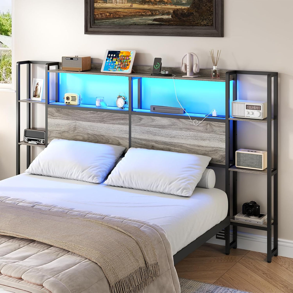 Loomie Headboard for Queen Size Bed with Storage, Headboards with LED Lights & Charging Station, Queen Size Head Board Only with Side 3-Tier Shelves & Bed Adapter for Bedroom,Height Adjustable