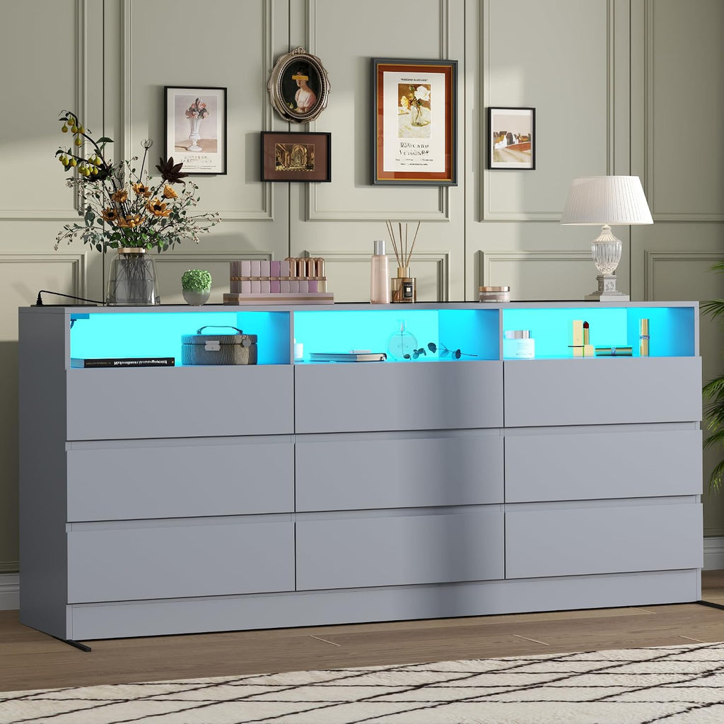 63"Wide 9 Drawer Dresser for Bedroom with LED Lights & Power Outlet