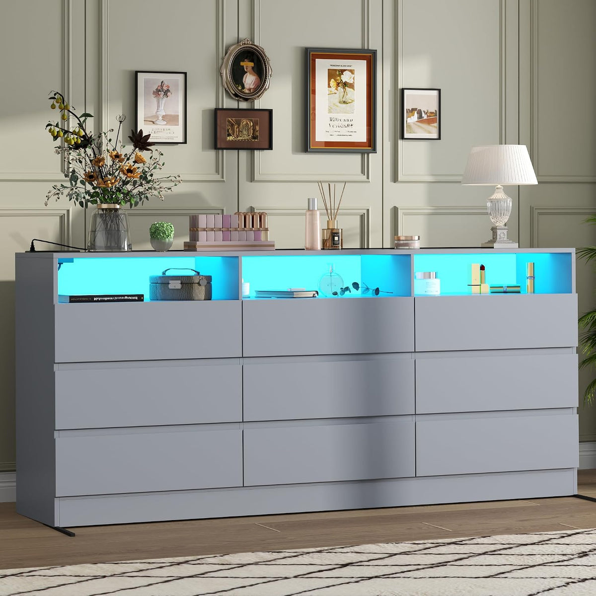 63"Wide 9 Drawer Dresser for Bedroom with LED Lights & Power Outlet
