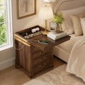 Night Stand with Hidden Gun Drawer, Walnut Bedside Table with Charge Station & LED Lights, Modern End Table with 4 Drawers, Nightstands for Bedroom, Living Room