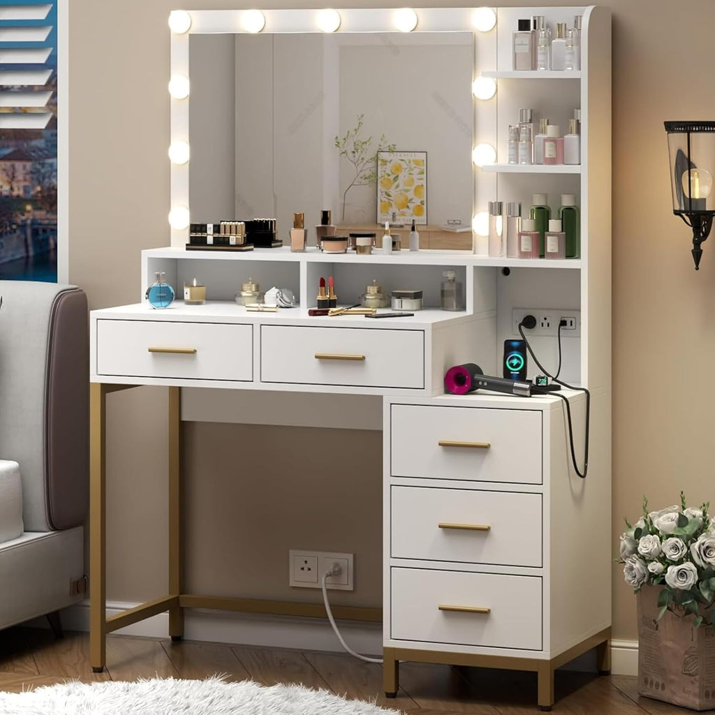 Loomie Large Makeup Table with Lighted Mirror & Power Outlet,Vanity Desk with 5 Drawers, Two Cubby & Shelf, Vanity Dresser with 11 Lights in 3 Lighting Colors for Bathroom, Bedroom,Makeup Room,White