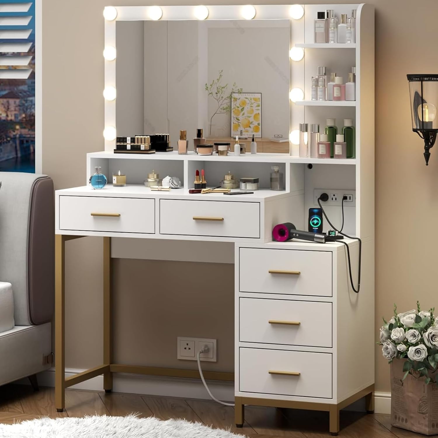 Loomie Large Makeup Table with Lighted Mirror & Power Outlet,Vanity Desk with 5 Drawers, Two Cubby & Shelf, Vanity Dresser with 11 Lights in 3 Lighting Colors for Bathroom, Bedroom,Makeup Room,White