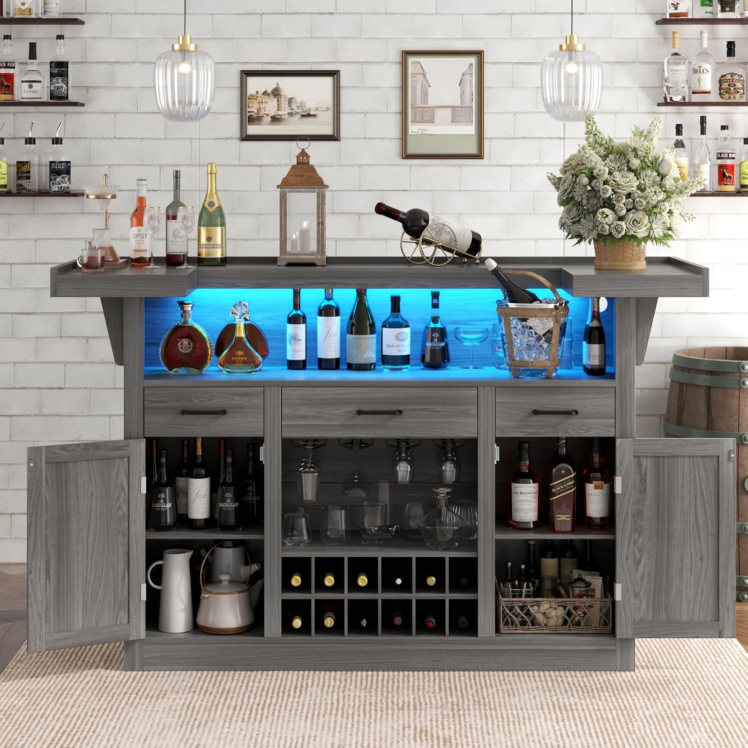 Loomie Bar Table Cabinet with LED & 3 Drawers,Liquor Bar with Adjustable Storage Shelves & Stemware Holders,Crescent Shaped Counter for Home Pub,Wine Alcohol Bar Stand with Wine Rack & Door (Grey Oak)