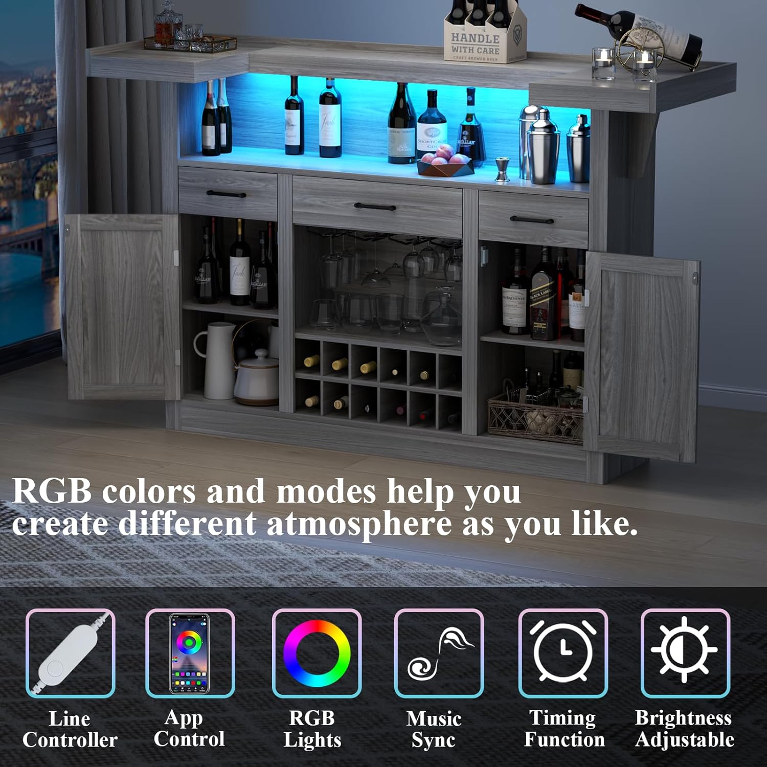 Loomie Bar Table Cabinet with LED & 3 Drawers,Liquor Bar with Adjustable Storage Shelves & Stemware Holders,Crescent Shaped Counter for Home Pub,Wine Alcohol Bar Stand with Wine Rack & Door (Grey Oak)