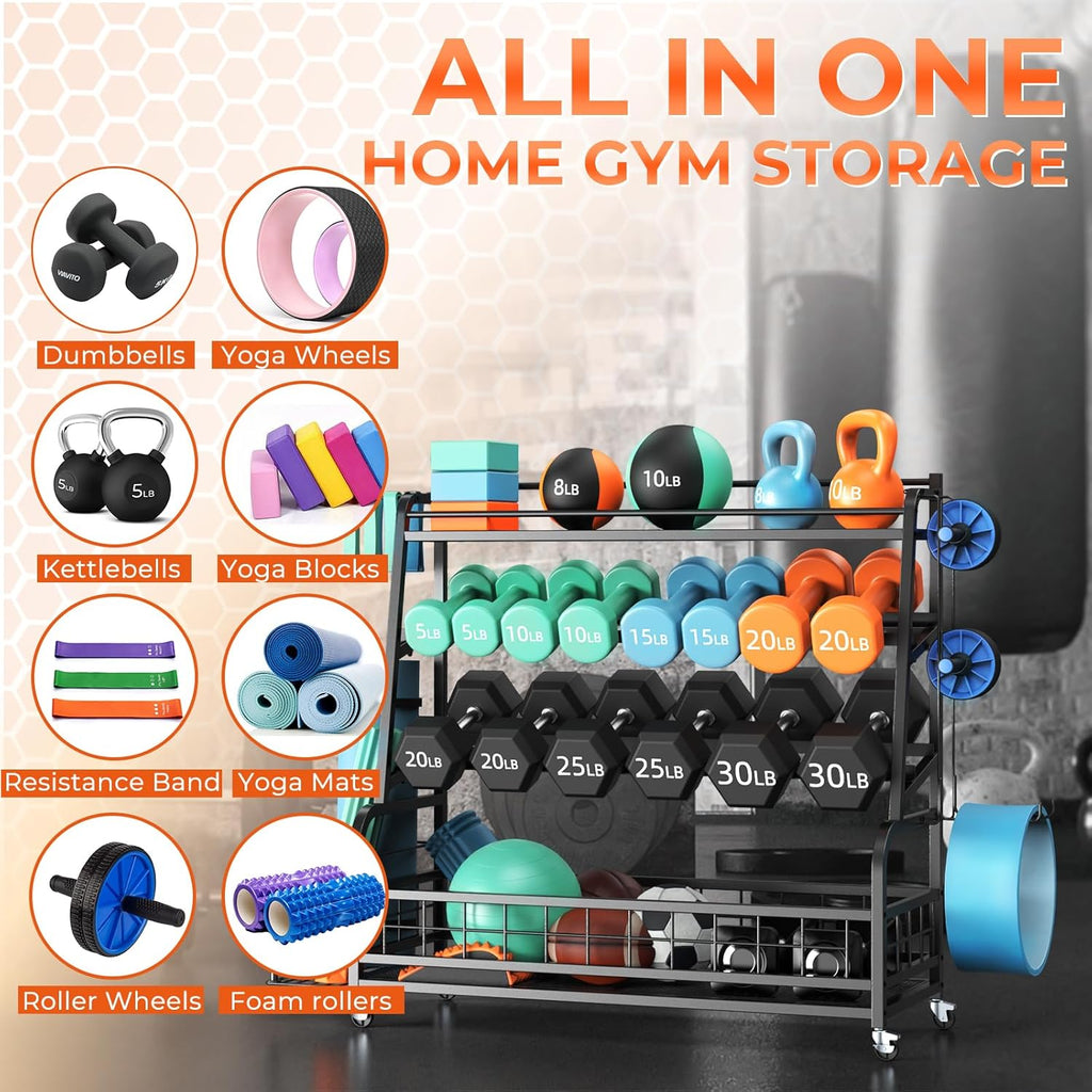 Updated XL Dumbbell Rack Stand, 4-Tier Adjustable Weight Rack for Dumbbells, Heavy Duty Home Gym Storage Rack for Kettlebell,Yoga Mat Holder, Equipment Storage Organizer with Wheels