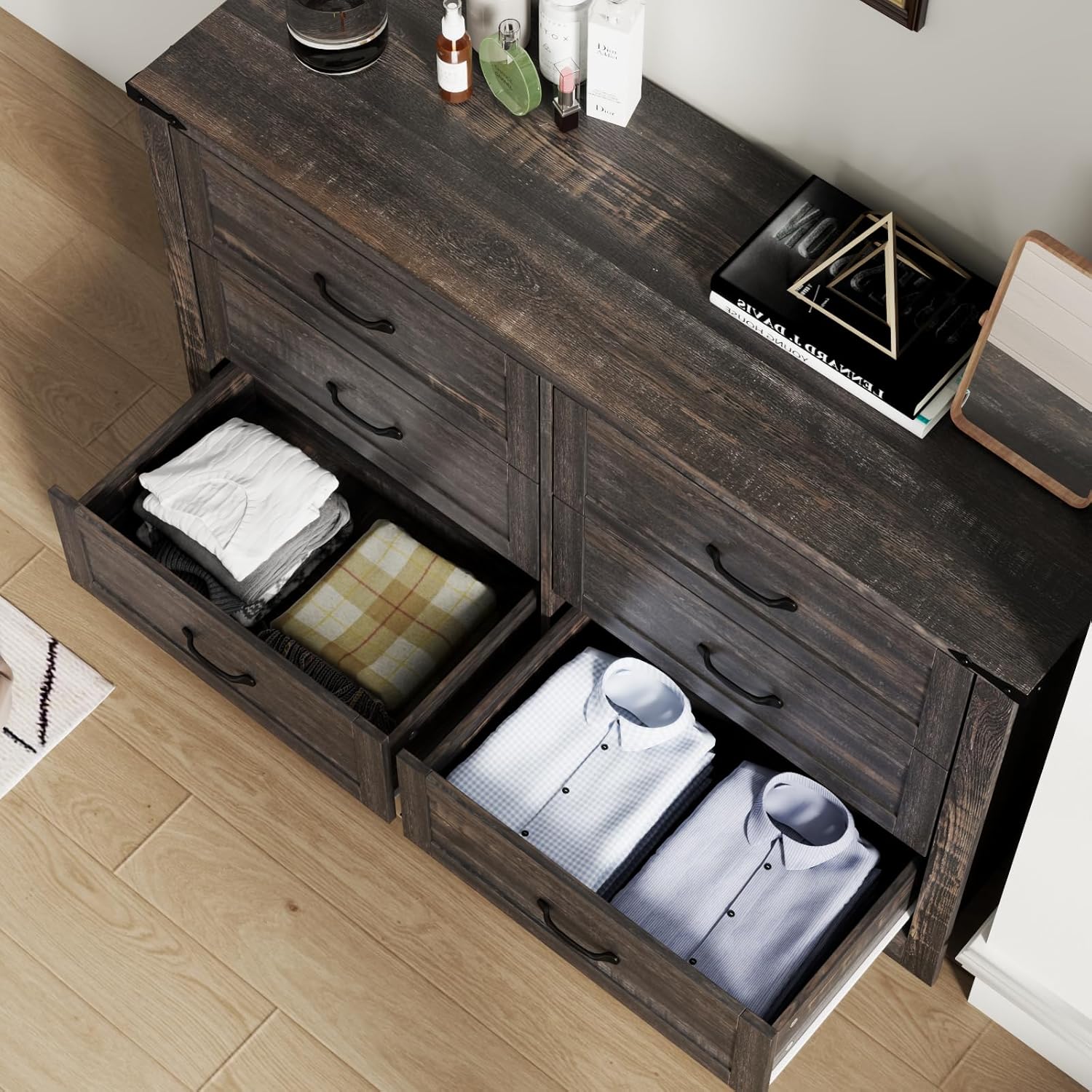 Loomie Farmhouse 6 Drawers Double Dresser for Bedroom, Modern White Dresser Chest of Drawers, Wide Dressers Organizer, Accent Storage Cabinet for Closet, Living Room, Hallway, Dark Rustic Oak