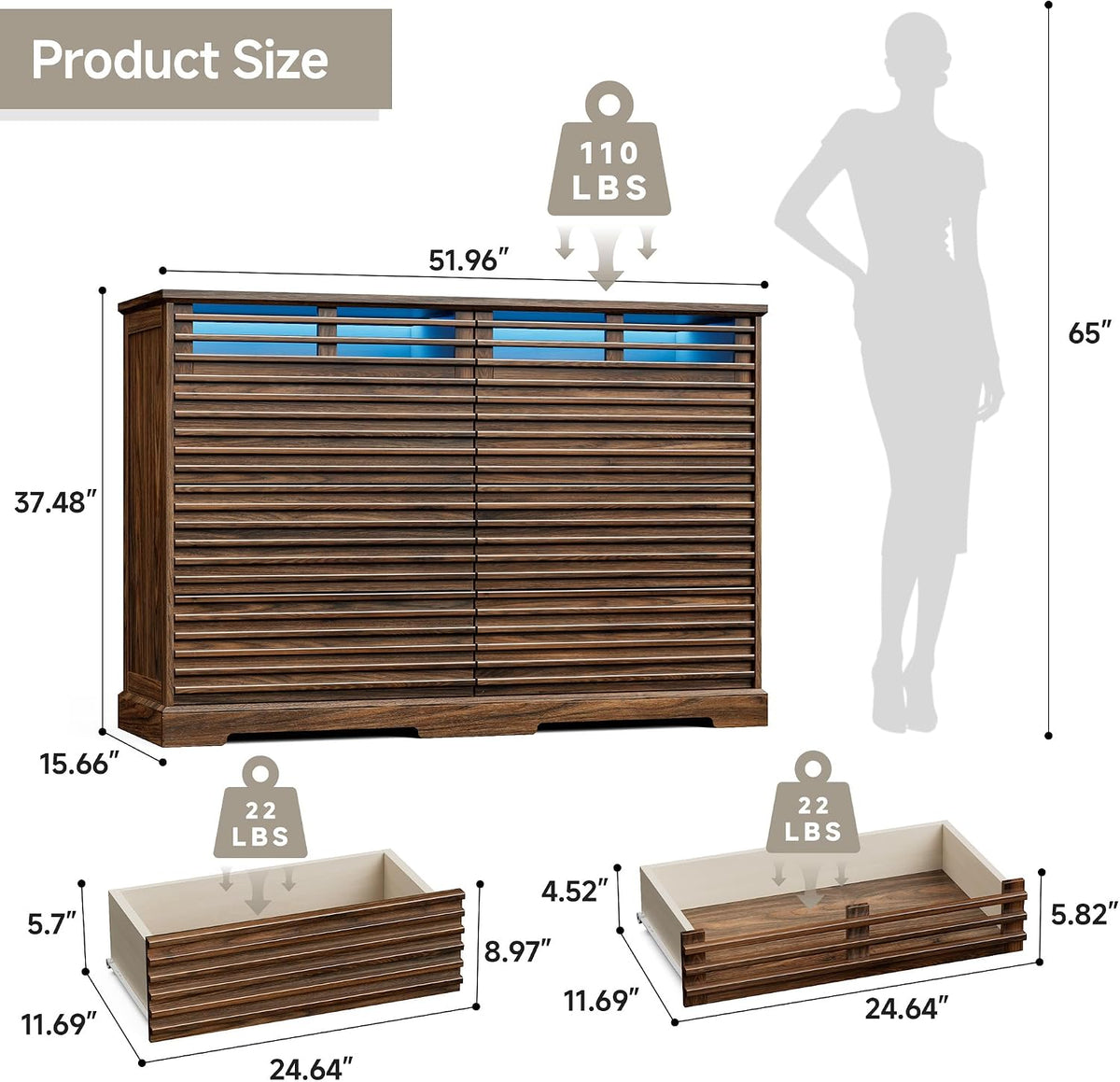Loomie 52" W Fluted 8 Drawer Dresser with LED Light