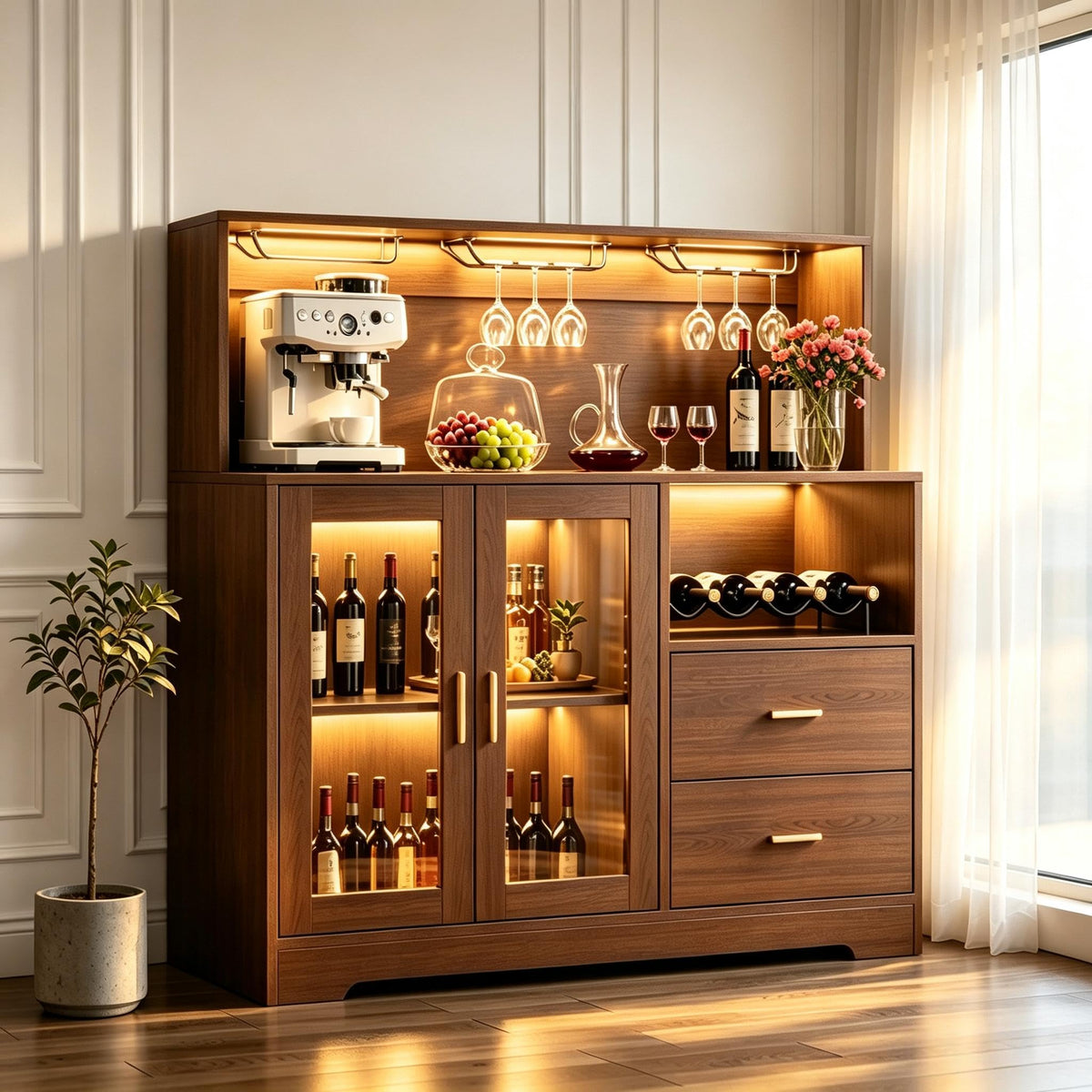Gyfimoie Modern Bar Cabinet with LED Lights & Drawer,Coffee Bar Station