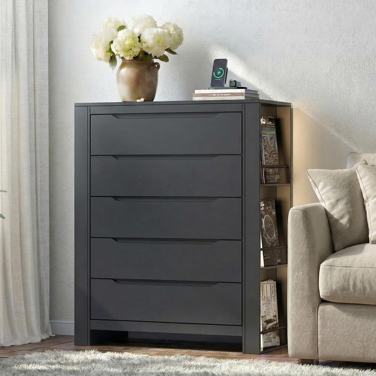 Black 5 Drawers Dresser for Bedroom,Tall Modern Dressers & Chest of Drawers