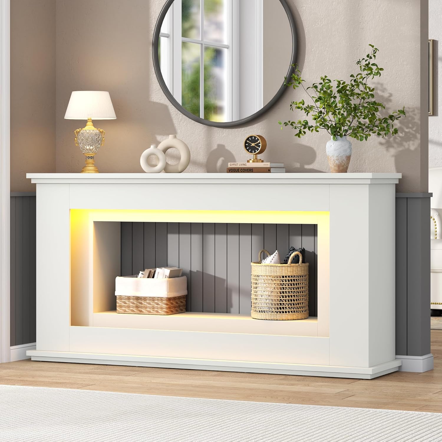 Loomie 63” Long Console Tables for Entryway, Narrow Long Entry Table with LED Lights, 2-Tier Sofa Table Behind Couch, Modern Hallway Accent Table for Living Room, Entrance (White)