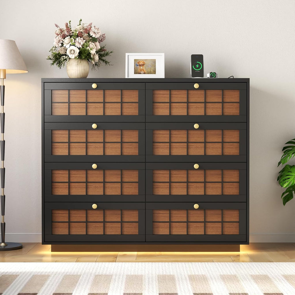 Floating 8 Drawer Dresser for Bedroom, LED Chest of Drawers with Charging Station, Brown Plaid Fronts & Gold Metal Knobs, Modern Dresser TV Stand Storage Organizer for Living Room Hallway Closet