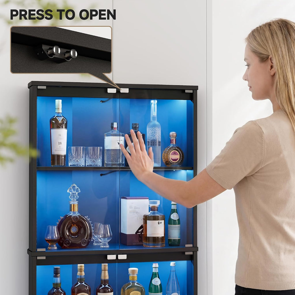 Corner Wine Bar Cabinet w/7 Color LED Lights & Human Body Sensor, 4-Tier Tall Home Liquor Coffee Bar Cabinet with Tempered Glass Doors,Curved Profile Design, Alcohol Cabinet Storage for Living Room