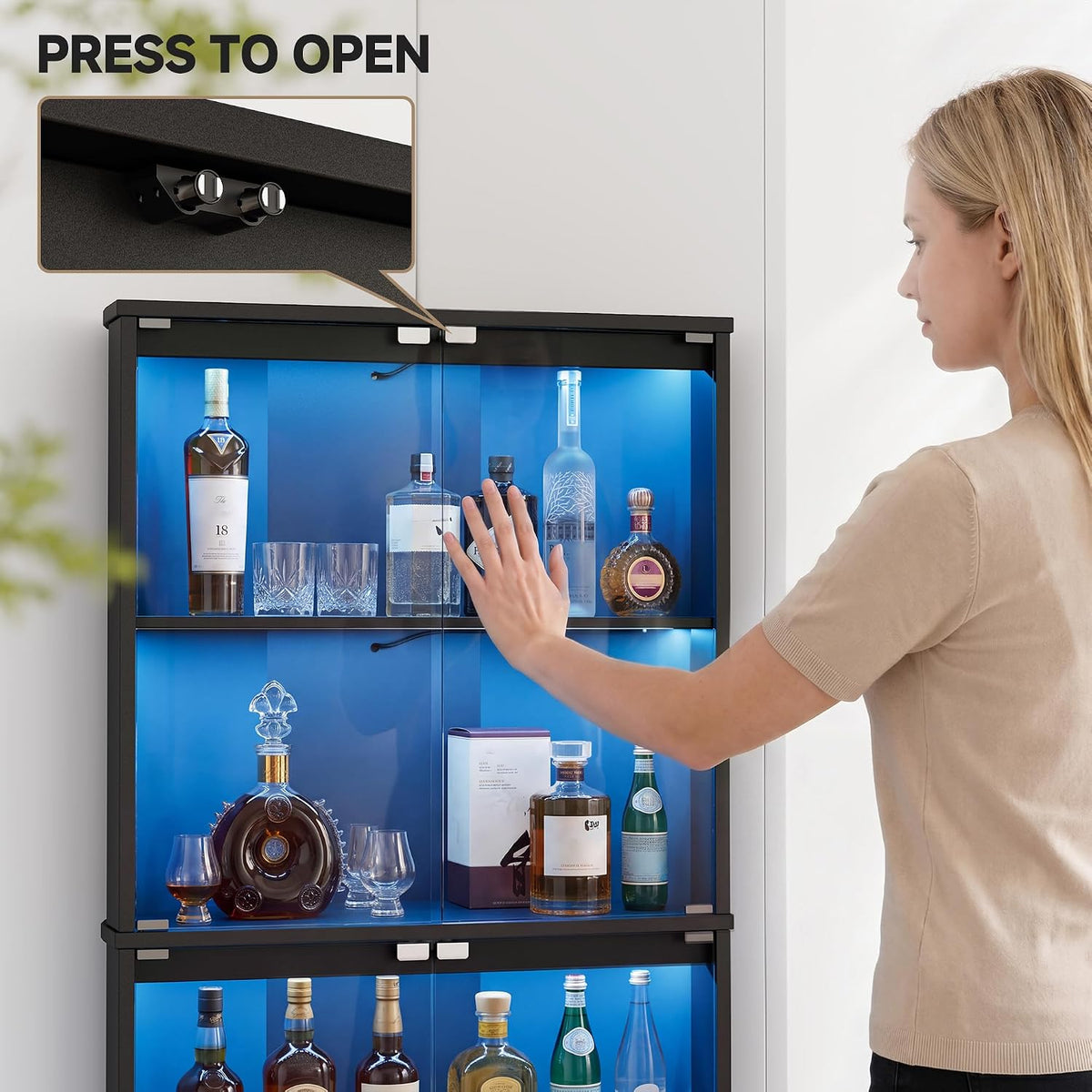 Corner Wine Bar Cabinet w/7 Color LED Lights & Human Body Sensor, 4-Tier Tall Home Liquor Coffee Bar Cabinet with Tempered Glass Doors,Curved Profile Design, Alcohol Cabinet Storage for Living Room