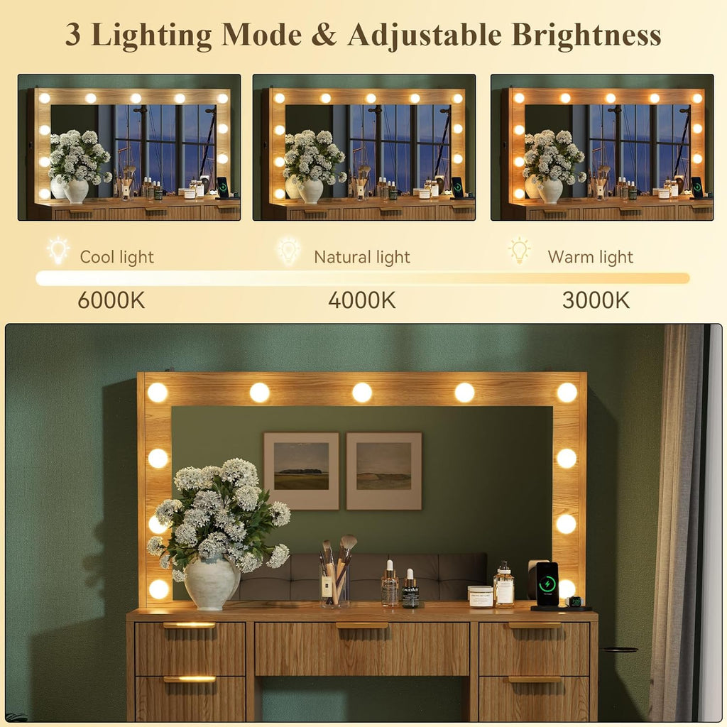 Loomie Big Fluted Vanity Desk with 36" Mirror,11 LED Lights & Power Outlet,Large Wood Makeup Vanity Table with 2 Hidden Storage Shelf, Modern Dressing Table w/5 Drawers and 2 Cabinets for Bedroom