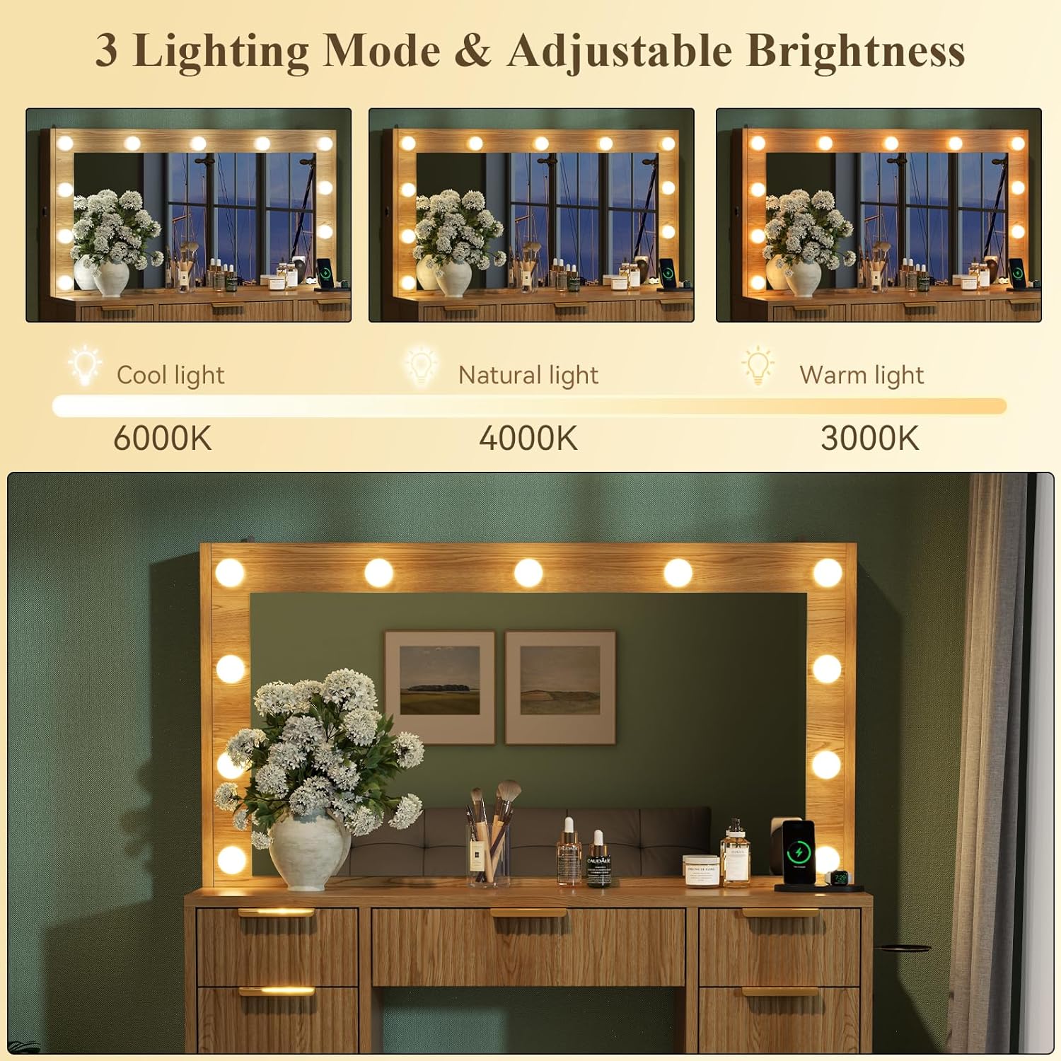 Loomie Big Fluted Vanity Desk with 36" Mirror,11 LED Lights & Power Outlet,Large Wood Makeup Vanity Table with 2 Hidden Storage Shelf, Modern Dressing Table w/5 Drawers and 2 Cabinets for Bedroom