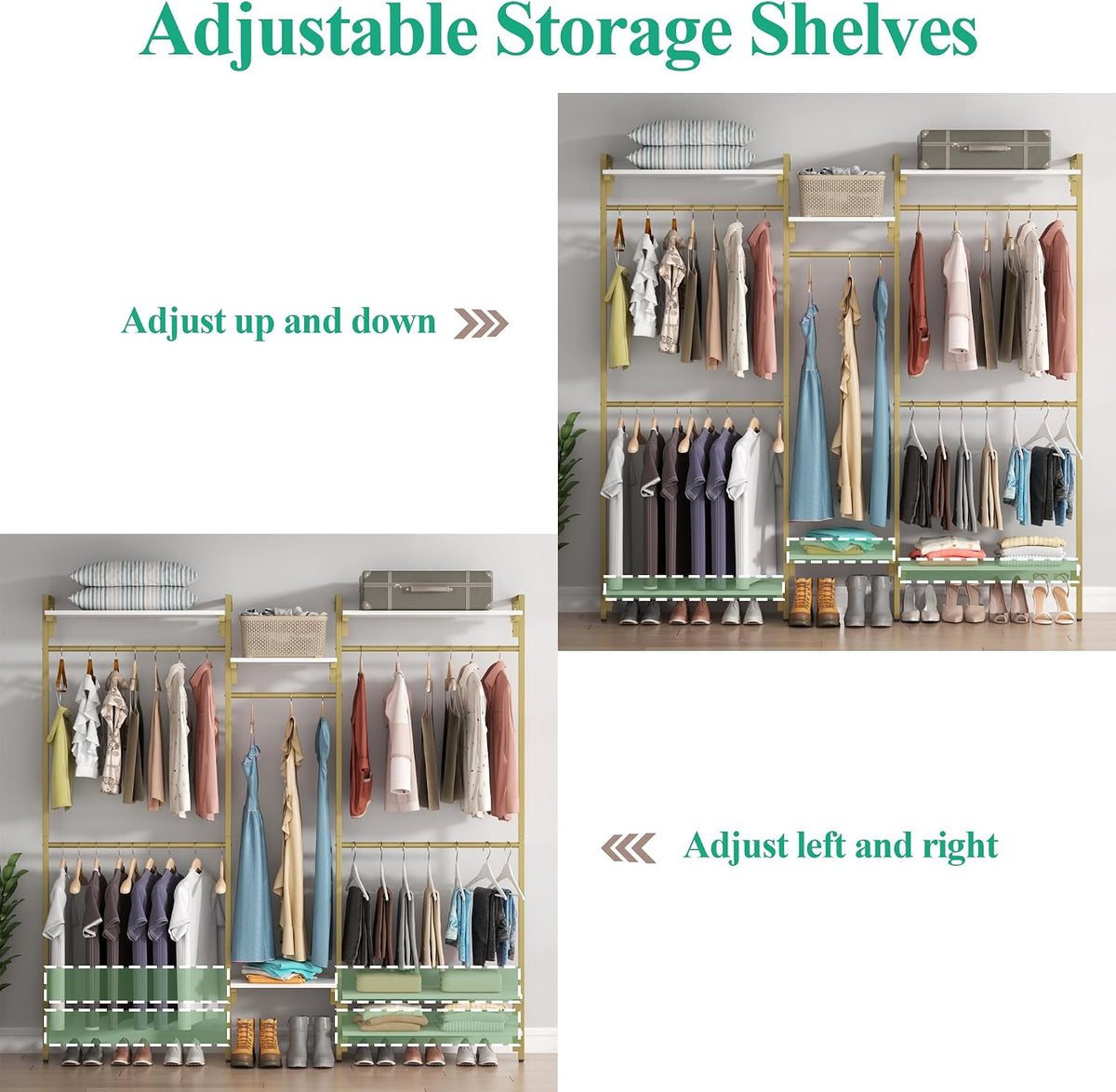 Loomie 79" Wall-Mounted Clothes Rack with Adjustable Shelf, Gold Clothing Rack with 5 Metal Hanging Rods and 6-Tier Shelves, Heavy-Duty Garment Rack Closet Organizer System in Wardrobe Closet