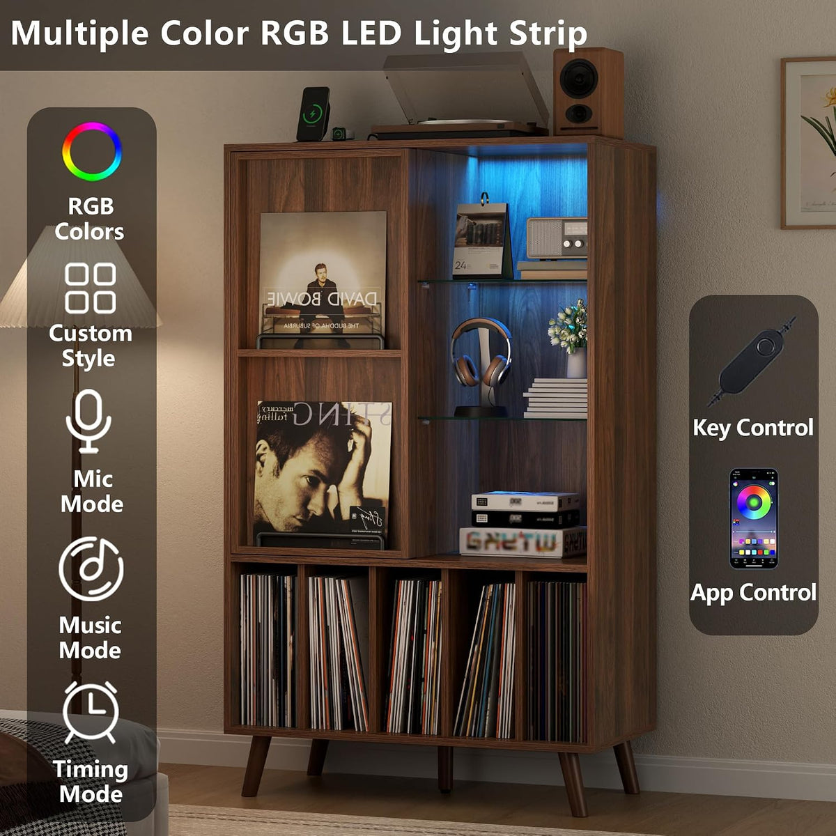 Large Record Player Stand w/Power Outlet & LED Lights, Holds Up 350+ Albums