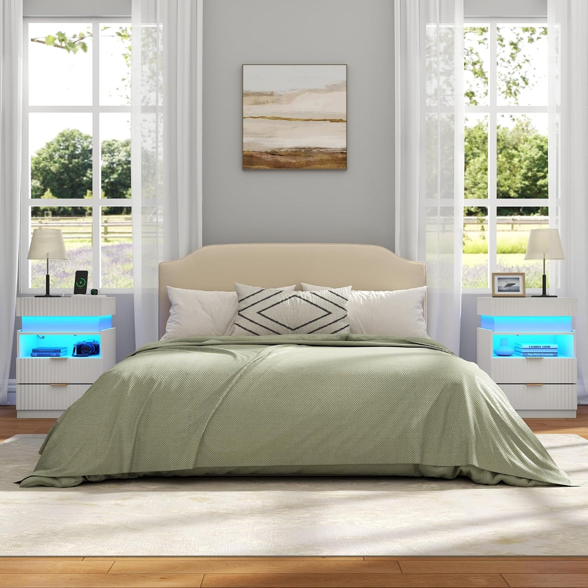 Night Stand with Wireless Charging Station, White Bedside Table with Hidden Gun Drawer & LED Lights, Modern End Table with 2 Drawers, Fluted Nightstands with Open Storage Shelf for Bedroom