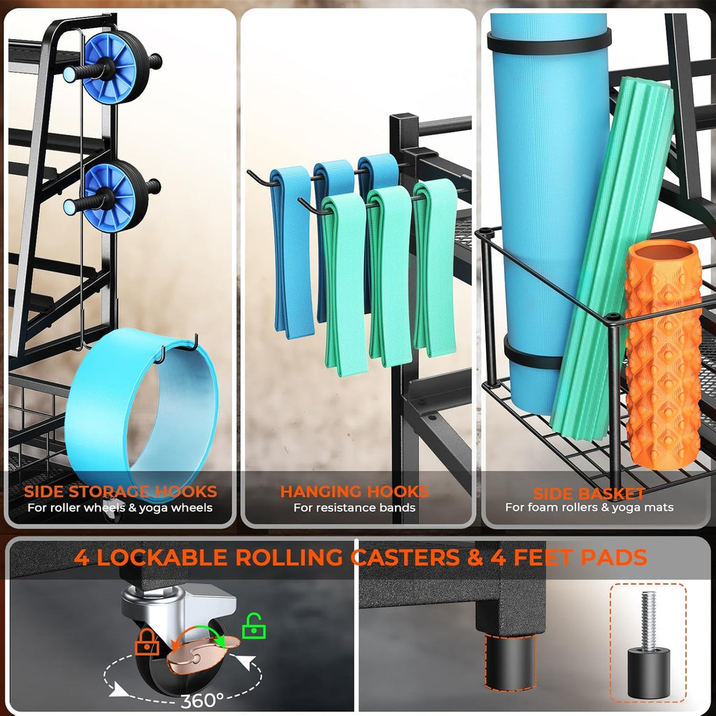 Updated XL Dumbbell Rack Stand, 4-Tier Adjustable Weight Rack for Dumbbells, Heavy Duty Home Gym Storage Rack for Kettlebell,Yoga Mat Holder, Equipment Storage Organizer with Wheels