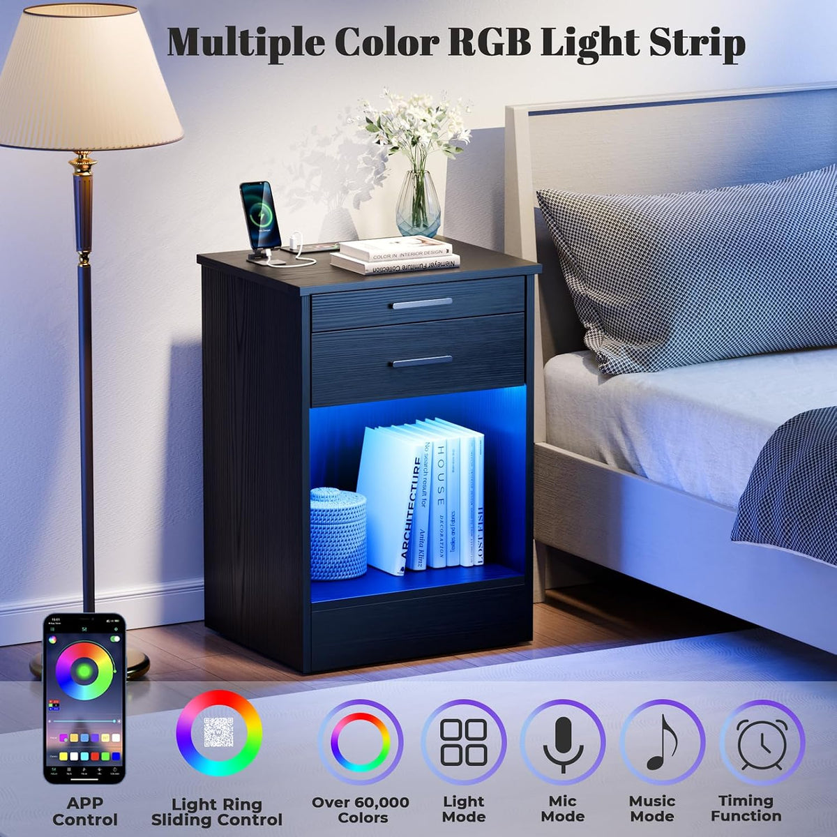Loomie Black Nightstand with RFID Lock Cabinet & Wireless Charging Station